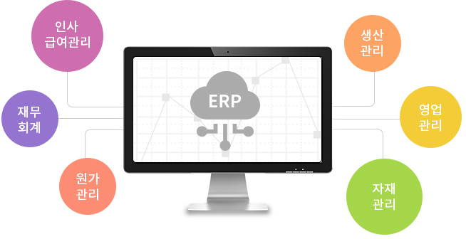 ERP - 인사급여관리, 재무회계, 원가관리, 생산관리, 영업관리, 자재관리 등을 지원합니다.